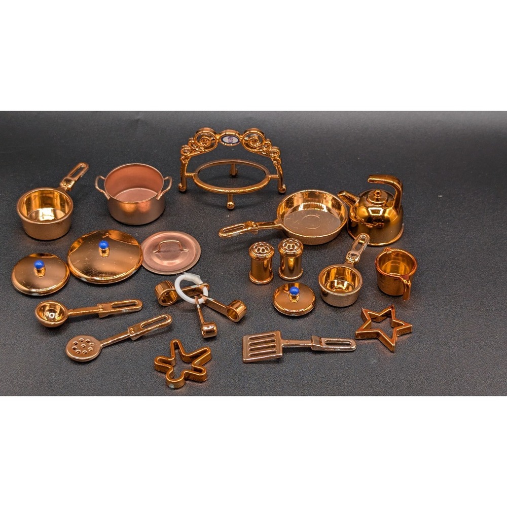 Vintage Dollhouse Miniature Plastic Copper/Brass Colored Kitchen ware Set